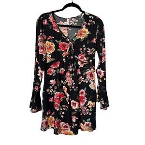 Xhilaration Dress Size XS Black Floral Swing Babydoll Boho Peasant Whimsigoth